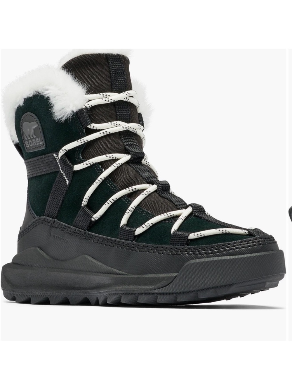 Sorel Women’s Black & Dark Green Winter Lace-Up Boot with White Faux Fur